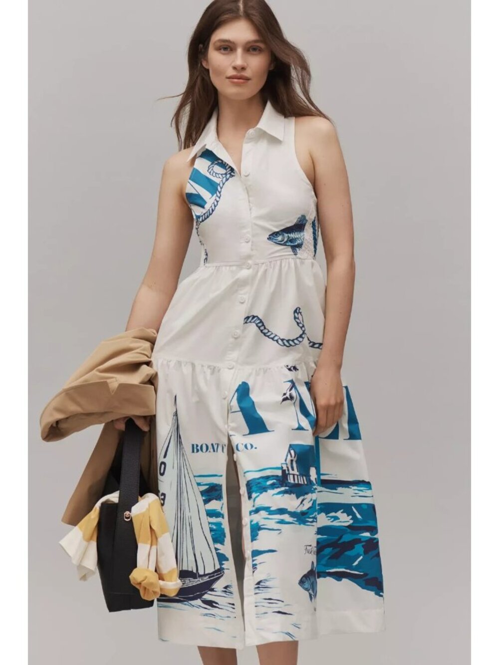 NWT Anthropologie Maeve in White Blue Nautical Motif Sleeveless Midi Dress S